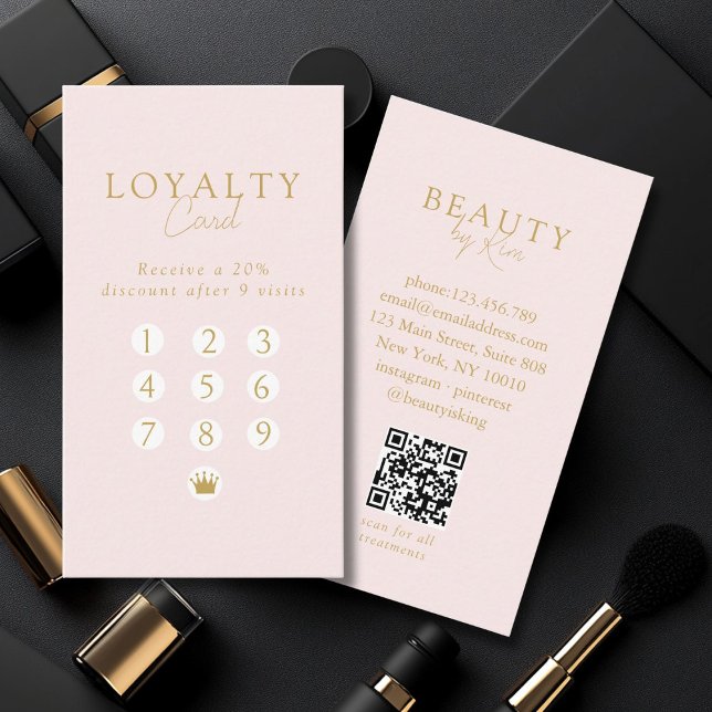 Pink & Beige-Gold  Minimal Salon QR Code Loyalty Business Card (Pink & Beige-Gold Minimal Salon QR Code Loyalty Business Card)