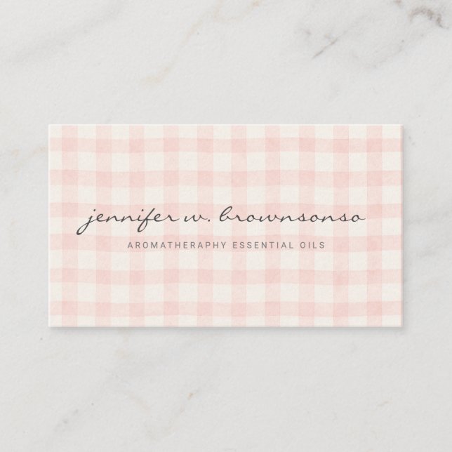 Pink beige script letters Plaid Gingham Business Card (Front)
