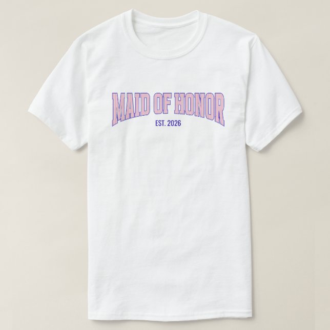 Pink + Beige Stripe Navy MAID OF HONOR  T-Shirt (Design Front)
