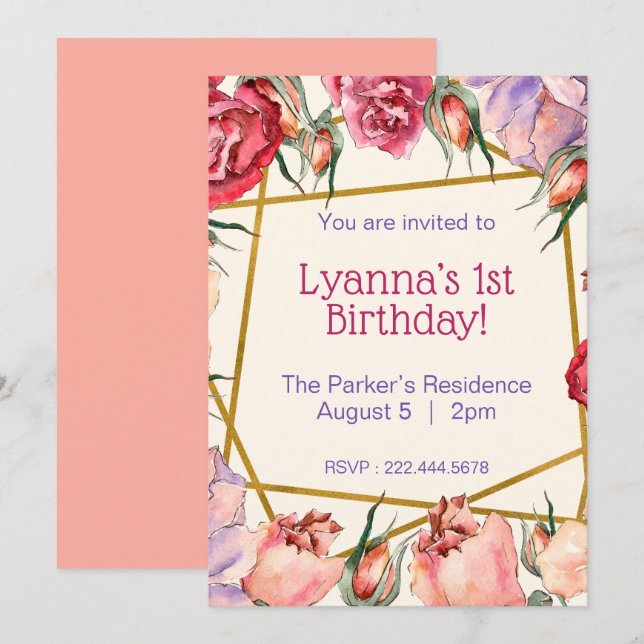 Pink Beige Watercolor Roses Birthday Invitation (Front/Back)