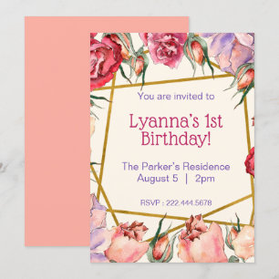 Pink Beige Watercolor Roses Birthday Invitation