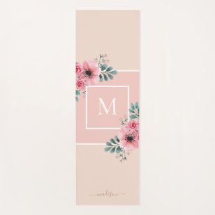 Pink & Beige Watercolour Flowers Monogram Yoga Mat
