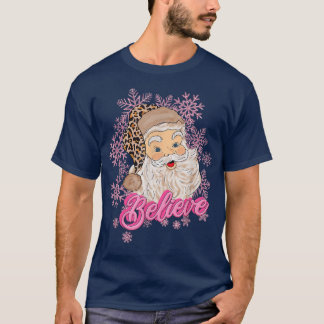 Pink Believe Santa Claus Snow Leopard Merry Christ T-Shirt