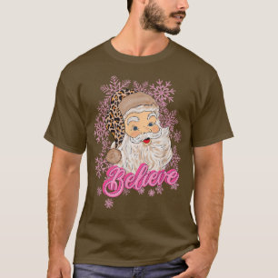 Pink Believe Santa Claus Snow Leopard Merry Christ T-Shirt