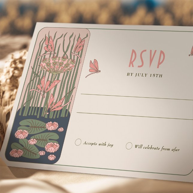 Pink Belle Époque Dragonfly Love Art Nouveau RSVP Invitation (Creator Uploaded)