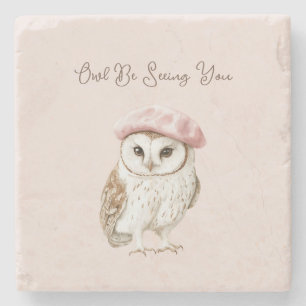 Pink Beret Brown White Owl Be Seeing You Stone Coaster