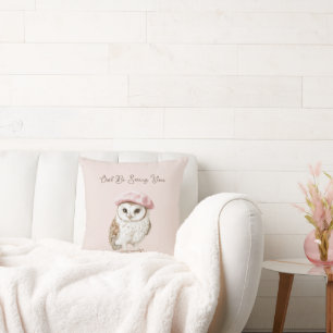 Pink Beret Brown White Owl Be Seeing You Throw Pillow
