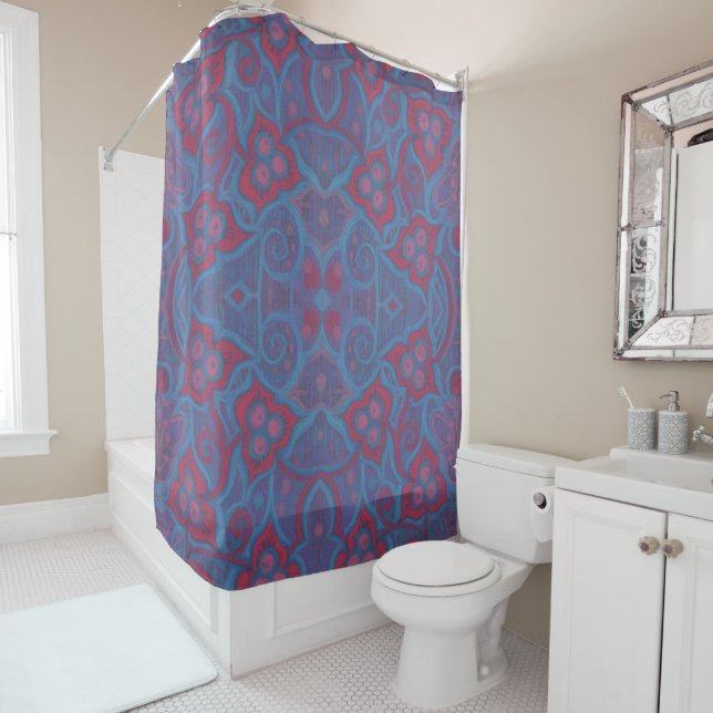 Pink berries, 70s style floral pattern blue purple (In Situ)