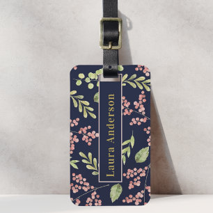Pink Berries and Foliage Custom Name Navy Blue Luggage Tag