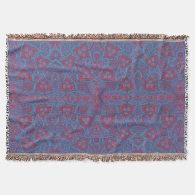 Pink berries, boho 70s floral pattern blueshades throw blanket (Front)