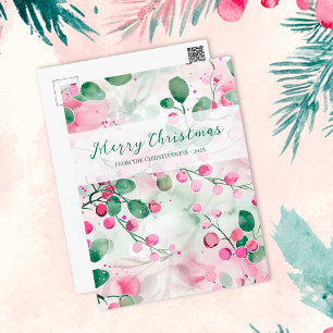 Pink Berries Elegant Floral Christmas Holiday Postcard