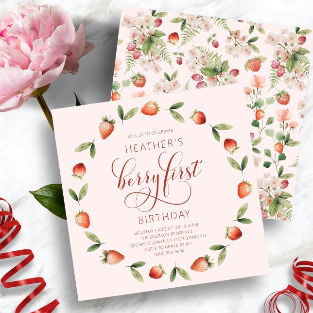 Pink Berry Birthday Invitation (Pink Berry First Birthday Invitation with Strawberries by Painted Paperie
)