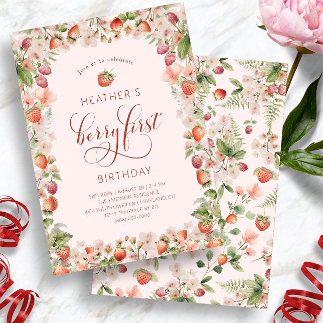 Pink Berry First Birthday Invitations (Elegant Pink Berry First Birthday Invitations with Strawberry by Painted Paperie
)