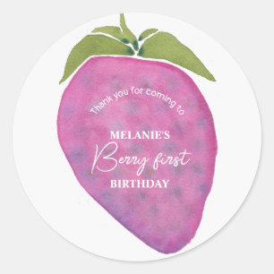 Pink Berry First Birthday Watercolor Custom photo Classic Round Sticker