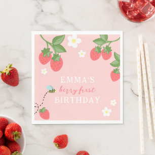 Pink Berry First Girls Strawberry 1st Birthday Napkin