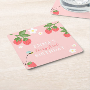 Pink Berry First Girls Strawberry 1st Birthday Square Paper Coaster