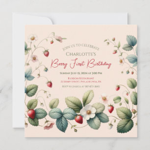 Pink "Berry First" Strawberry Birthday Invitation