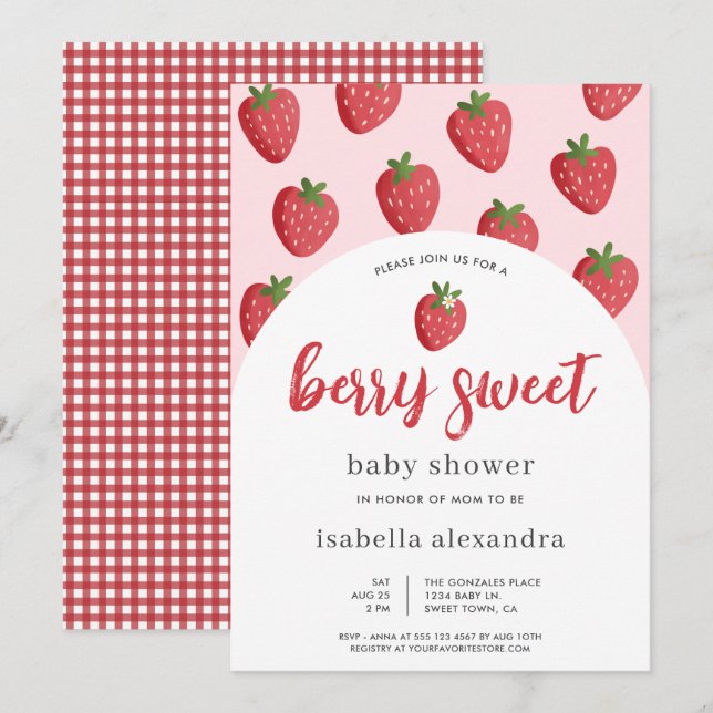 Pink Berry Sweet Strawberry Baby Shower Invitation (Front/Back)