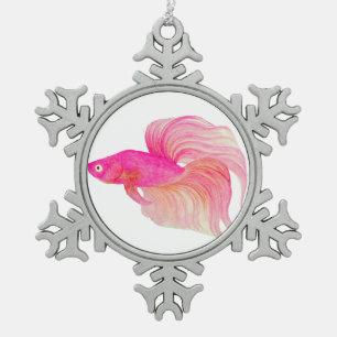 Pink Betta Fish Watercolor Snowflake Pewter Christmas Ornament