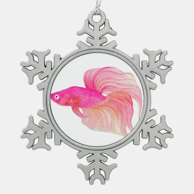 Pink Betta Fish Watercolor Snowflake Pewter Christmas Ornament (Front)