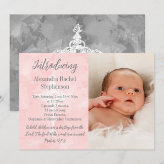 Pink Bible Verse Cross Baby Girl Photo Birth  Announcement