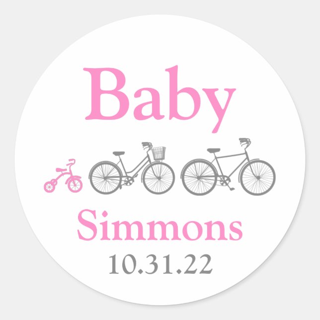 Pink Bicycle Baby Shower Classic Round Sticker (Front)