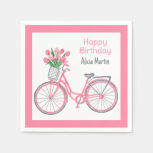 Pink Bicycle Basket Tulip Flower Any Age Birthday Napkin