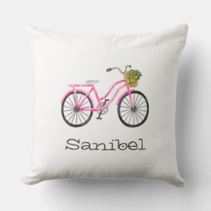 Pink Bicycle Flower Basket LOCATION Sanibel Fun Throw Pillow