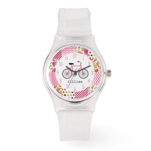 Pink Bicycle & Patchwork Pattern Watch (Front)