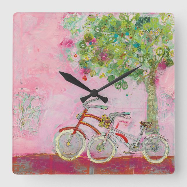Pink Bicycles Square Wall Clock (Front)