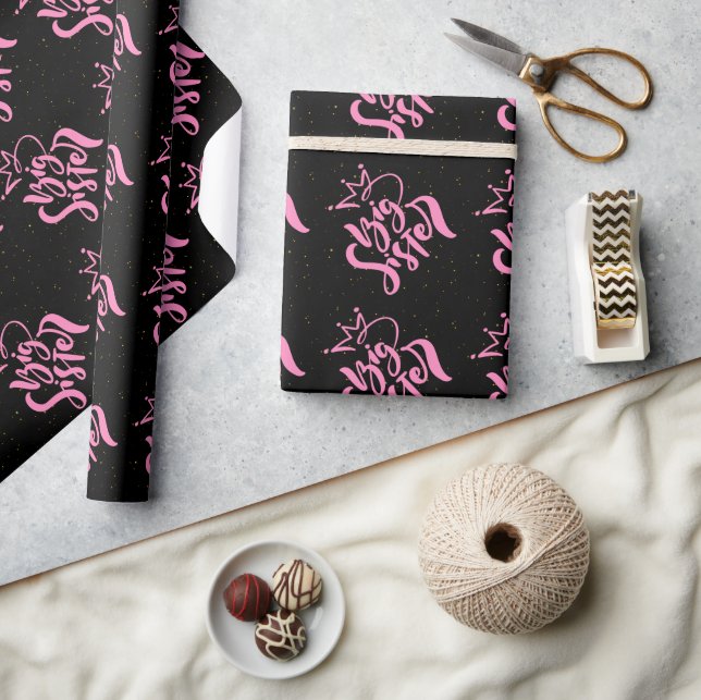 Pink Big Sister Typography With glitter Wrapping Paper (Crafts)
