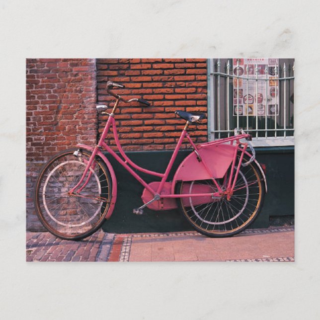 Pink Bike Against Brick Wall Postcard (Front)