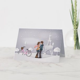 Pink Bike Paris Couple Valentines Holiday Card