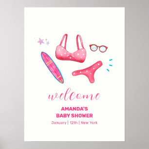 Pink Bikini Surf Beach Girl Baby Shower Welcome Poster