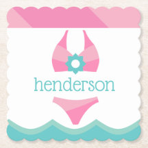 Pink Bikini Swimsuit Personalized Paper Coasters