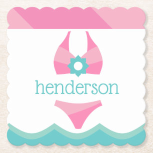 Pink Bikini Swimsuit Personalized Paper Coasters