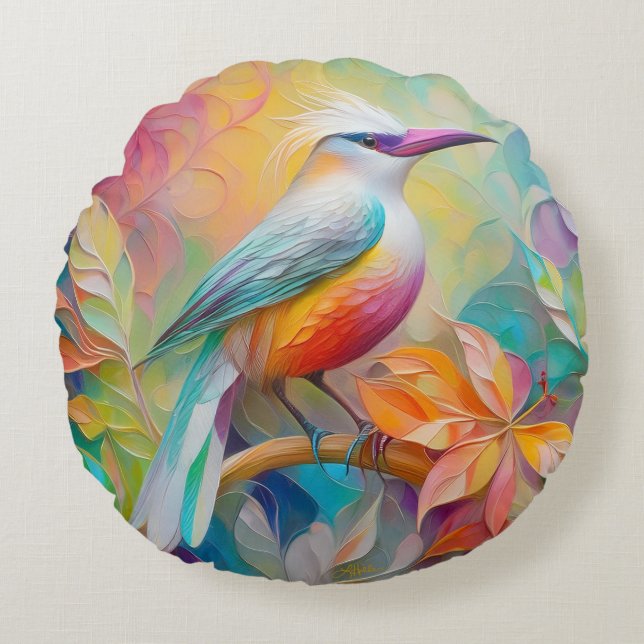 Pink Billed Red Breasted Fantasy Bird Round Pillow (Front)