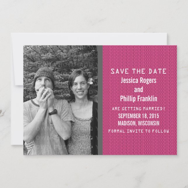 Pink Binary Code Photo Save the Date Invite (Front)