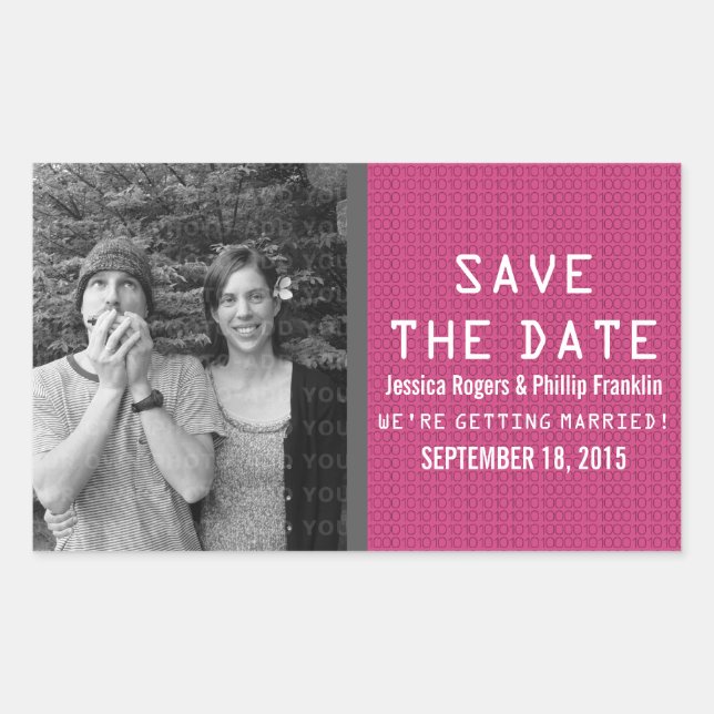 Pink Binary Code Photo Save the Date Stickers (Front)