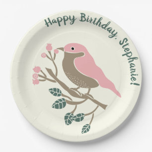 Pink Bird and Berries Personalized Birthday Paper Plate
