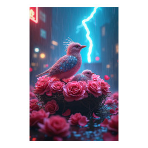 Pink Bird Nest Under Lightning Sky – Surreal  Photo Print