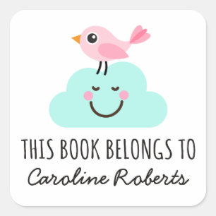 Pink bird on happy cloud cute bookplate square sticker