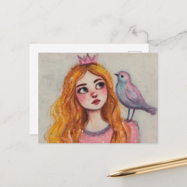 Pink Bird on her Shoulder Postcard (Front/Back In Situ)