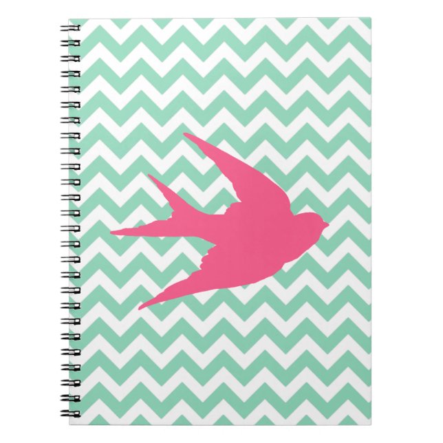 Pink Bird Silhouette on Chevron Stripes Notebook (Front)