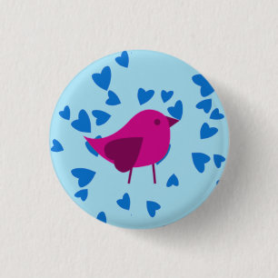 Pink bird with blue hearts 1 inch round button