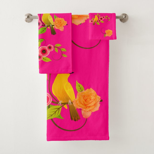 Pink - Bird Yellow Rose Bath Towel Set (Insitu)