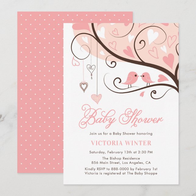 Pink Birds and Heartstrings Baby Shower Invitation (Front/Back)