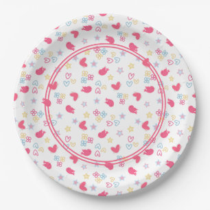 Pink Birds and Love Hearts Paper Plate