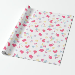 Pink Birds and Love Hearts Wrapping Paper