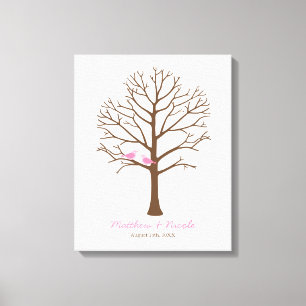 Pink Birds Brown Fingerprint Tree Wedding Canvas Print